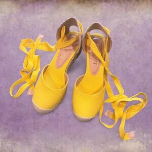 Yellow lace up espadrille wedge sandals